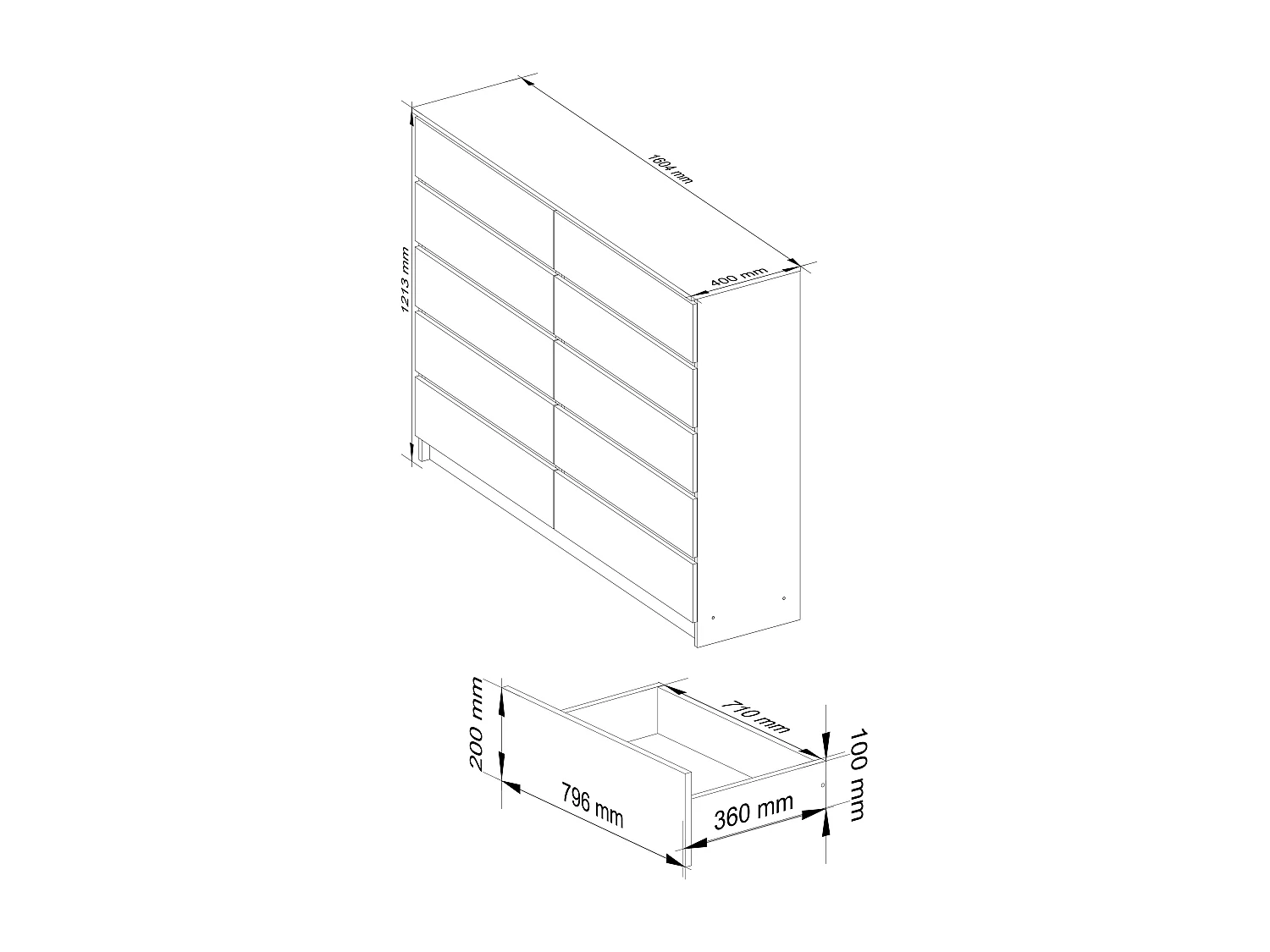 Grande Commode pour le salon AKORD K160 Aulne 160 cm 10 tiroirs façade Aulne 160x40x121 cm