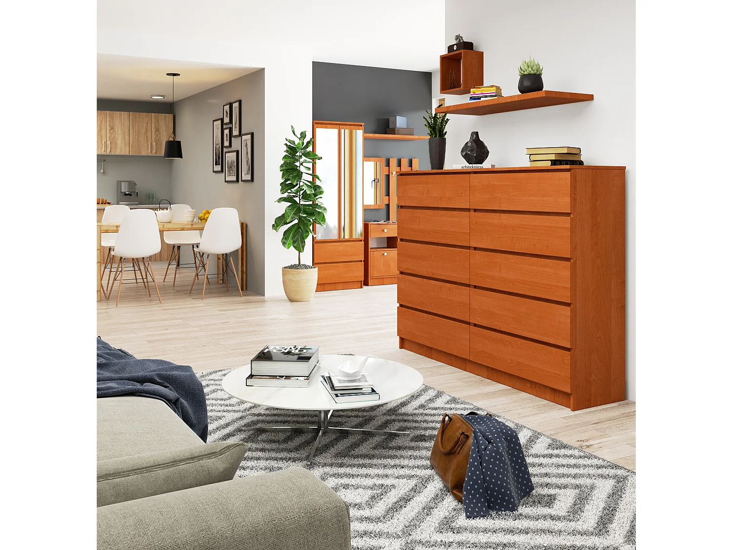 Grande Commode pour le salon AKORD K160 Aulne 160 cm 10 tiroirs façade Aulne 160x40x121 cm