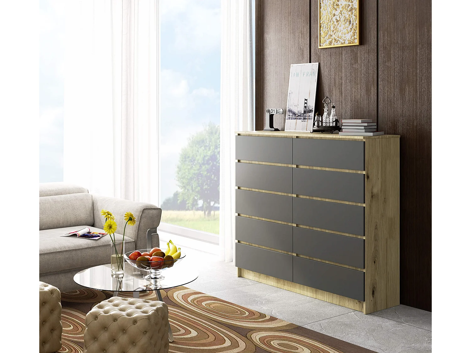 Cassettiera AKORD K140 Quercia Artisan 138 cm 10 cassetti inserto frontale Grigio Grafite 138x40x121 cm