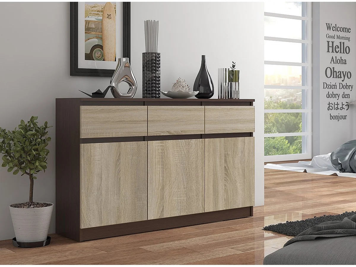 Cómoda AKORD K140 Wenge 138 cm 3 puertas 3 cajones frente en color Roble Sonoma 6 estantes 138x40x99 cm