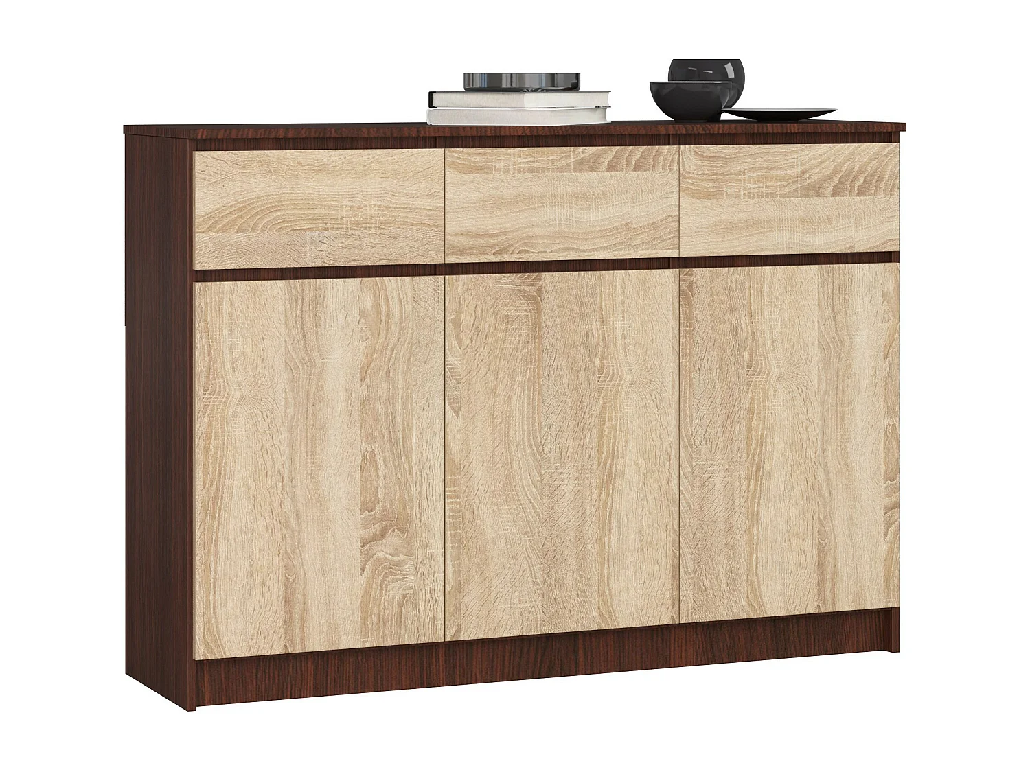 Commode AKORD K140 Wengé 138 cm 3 portes 3 tiroirs façade Chêne Sonoma 6 étagères 138x40x99 cm