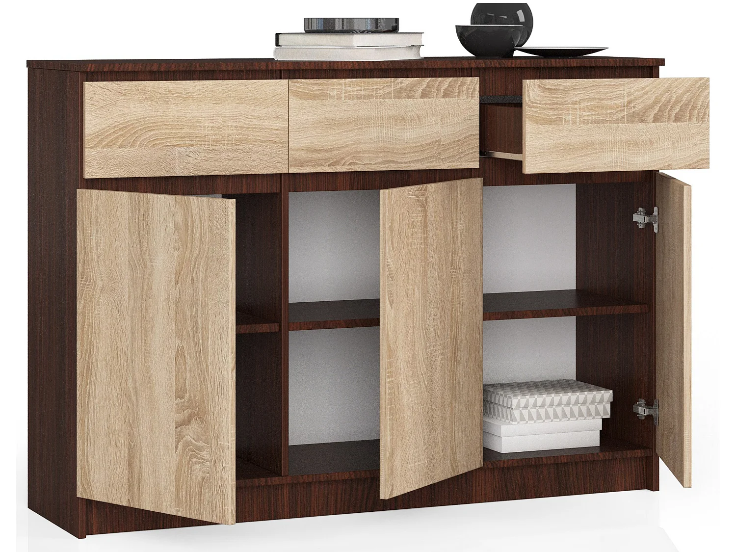 Commode AKORD K140 Wengé 138 cm 3 portes 3 tiroirs façade Chêne Sonoma 6 étagères 138x40x99 cm