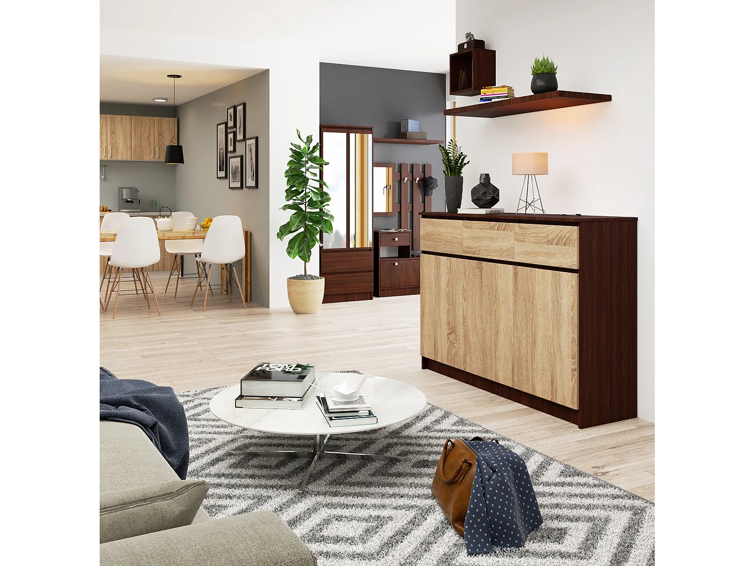 Commode AKORD K140 Wengé 138 cm 3 portes 3 tiroirs façade Chêne Sonoma 6 étagères 138x40x99 cm