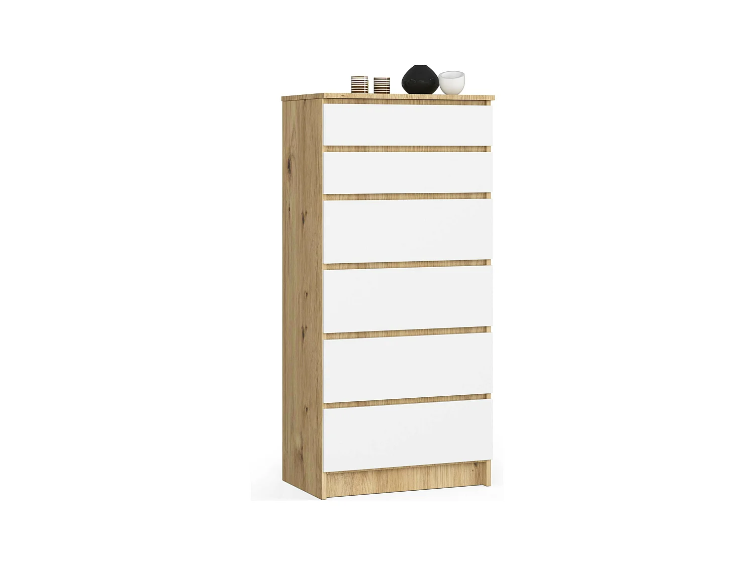 Commode AKORD K60 Chêne Artisan 60 cm 6 tiroirs façade Blanche 60x40x130 cm