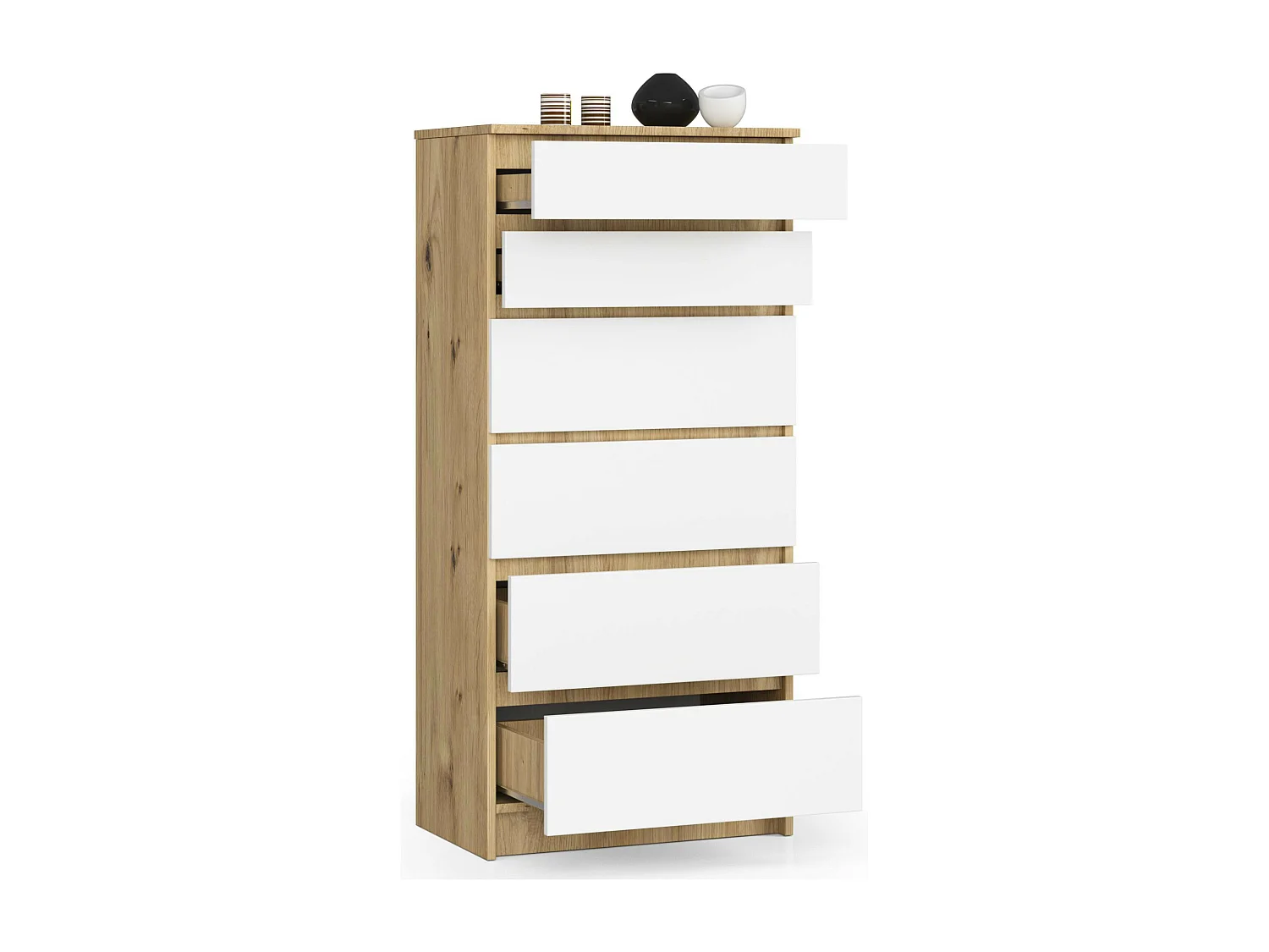 Commode AKORD K60 Chêne Artisan 60 cm 6 tiroirs façade Blanche 60x40x130 cm