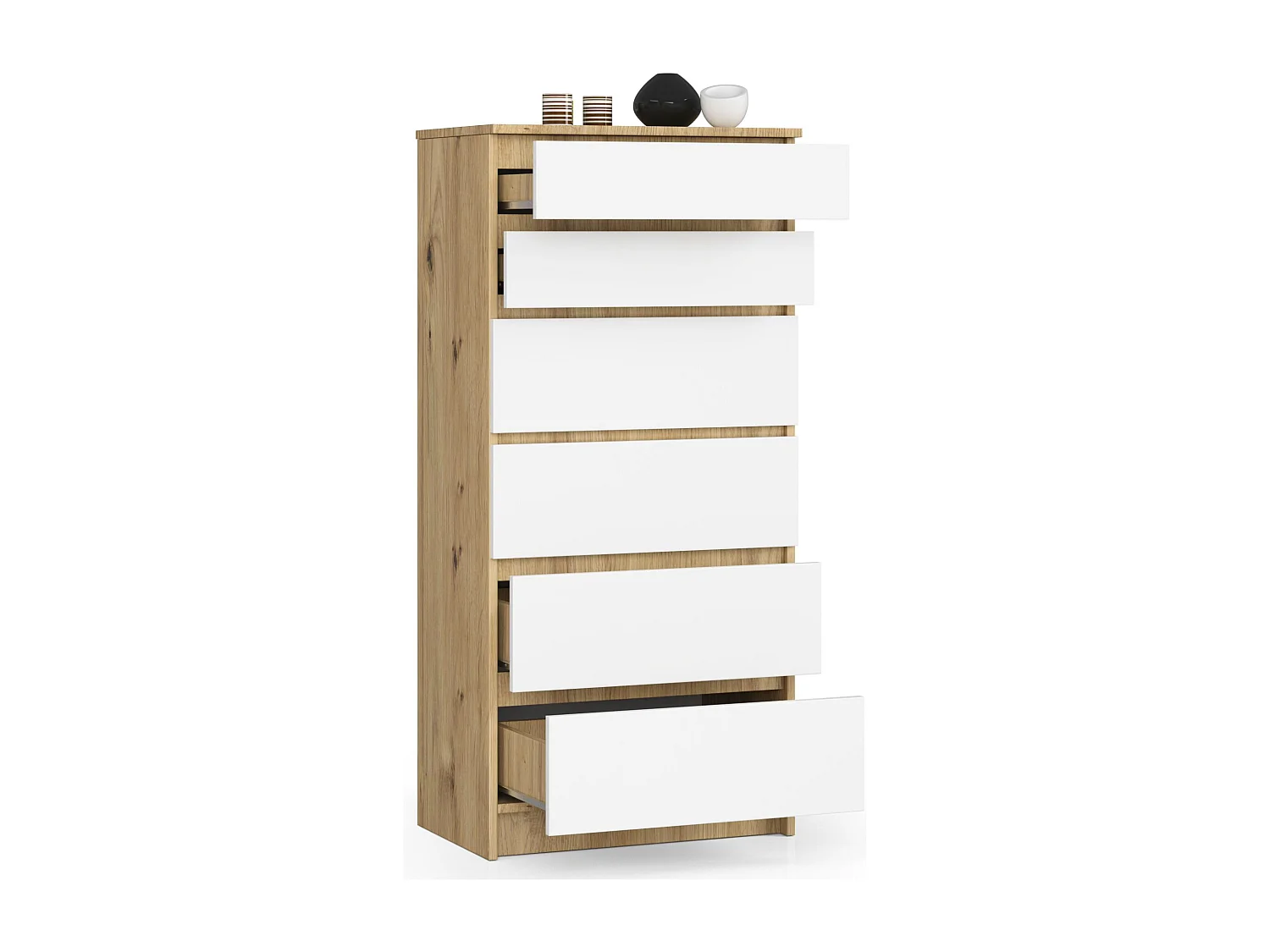 Commode AKORD K60 Chêne Artisan 60 cm 6 tiroirs façade Blanche 60x40x130 cm