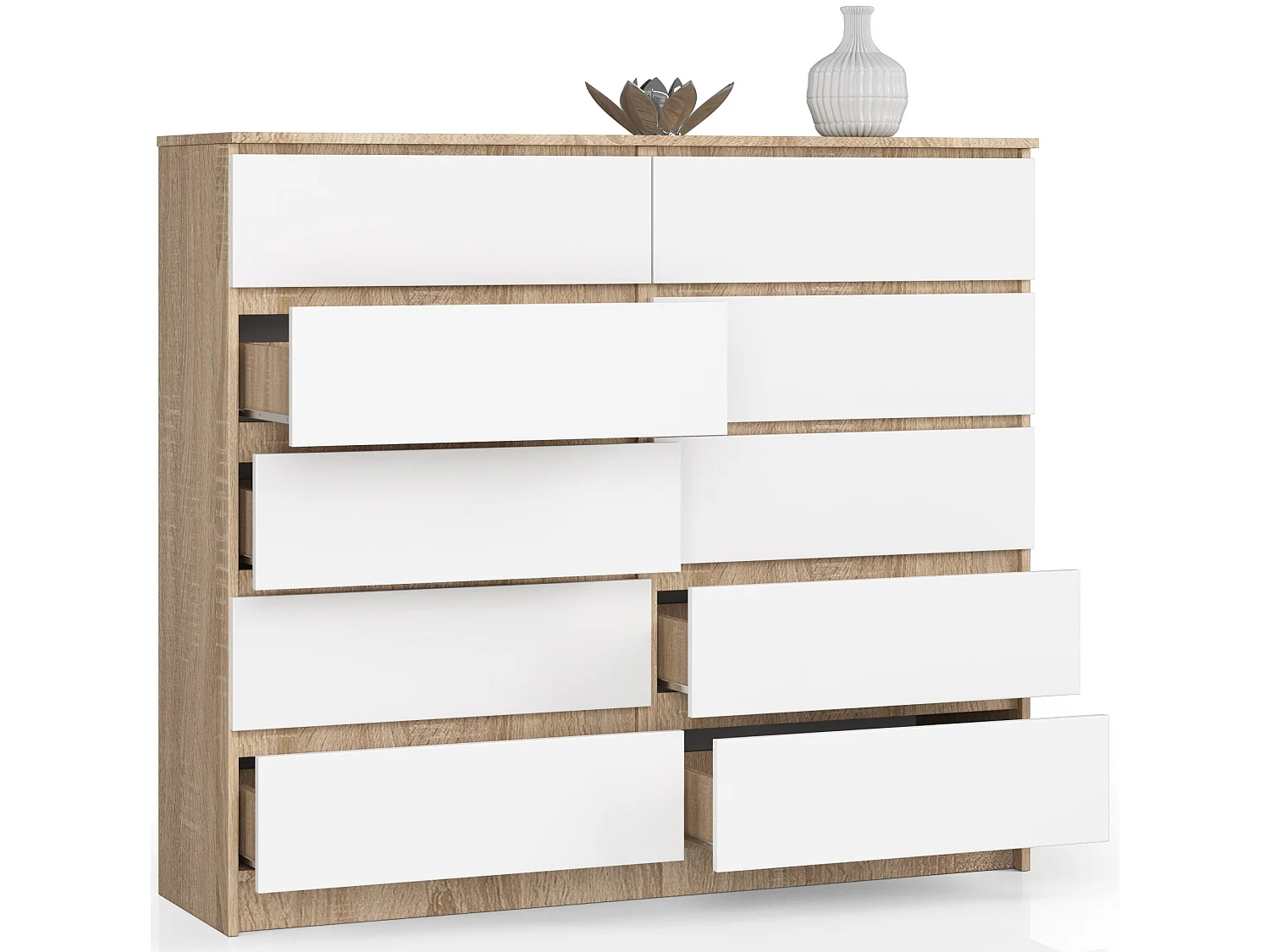 Kommode AKORD K140 Sonoma-Eiche 138 cm 10 Schubladen Front Weiß B138 x H121 x T40 cm