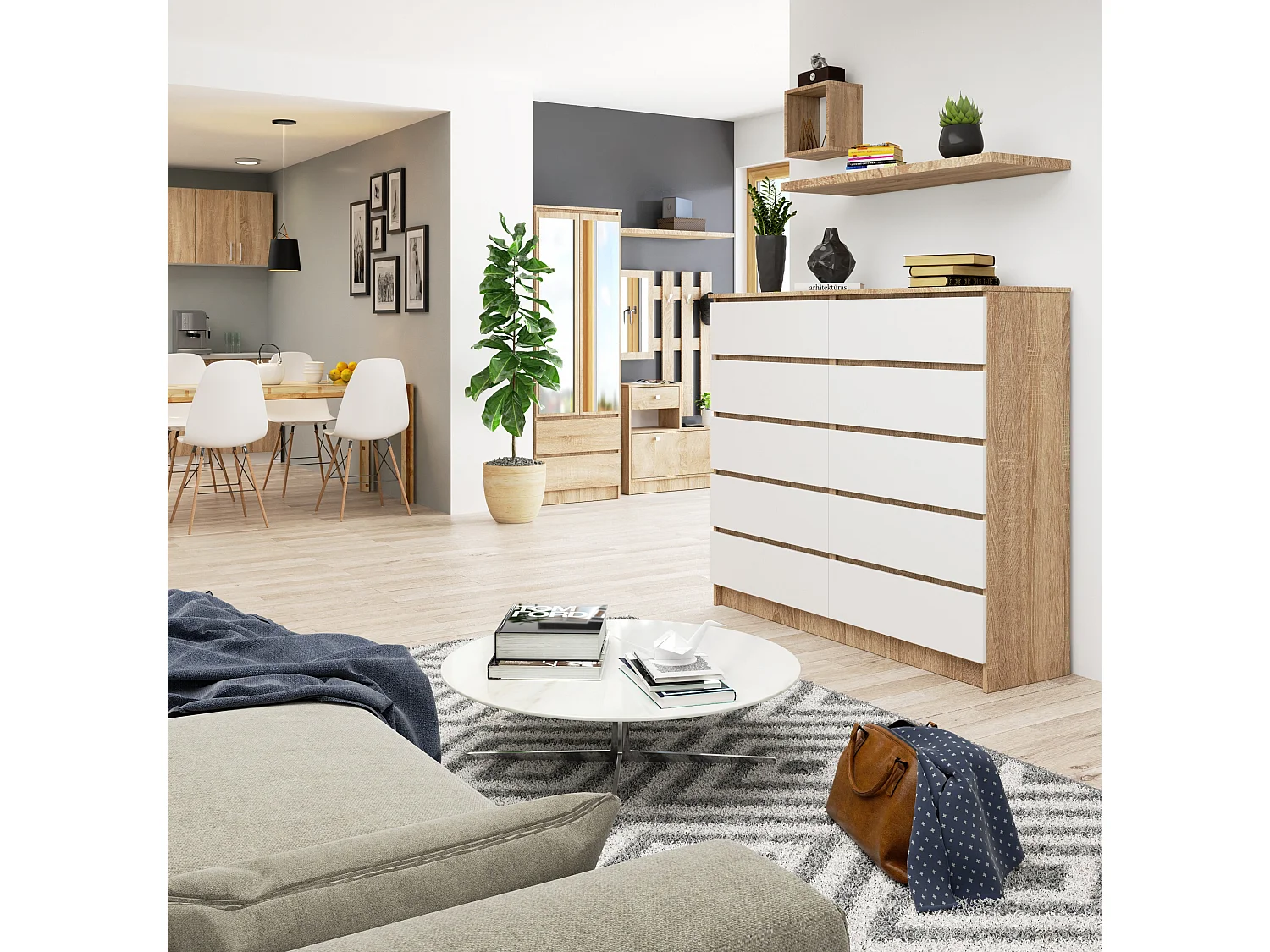 Kommode AKORD K140 Sonoma-Eiche 138 cm 10 Schubladen Front Weiß B138 x H121 x T40 cm
