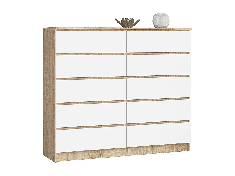 Commode AKORD K140 Chêne Sonoma 138 cm 10 tiroirs façade Blanche 138x40x121 cm