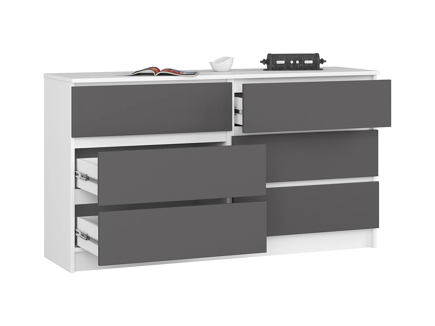 Kommode AKORD K140 Weiß 138 cm 6 Schubladen Front Graphitgrau B138 x H77 x T40 cm
