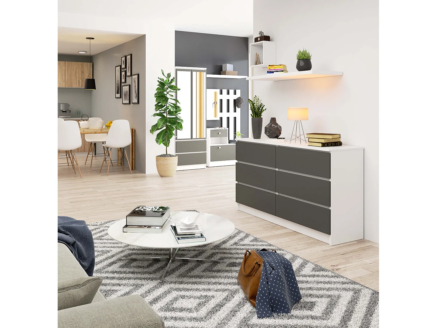 Kommode AKORD K140 Weiß 138 cm 6 Schubladen Front Graphitgrau B138 x H77 x T40 cm