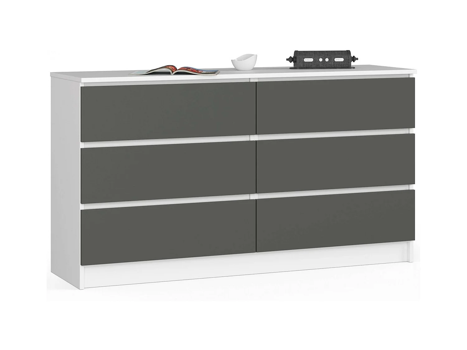 Commode AKORD K140 Blanche 138 cm 6 tiroirs façade Gris Graphite 138x40x77 cm