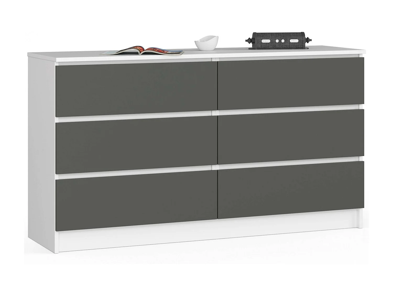 Commode AKORD K140 Blanche 138 cm 6 tiroirs façade Gris Graphite 138x40x77 cm