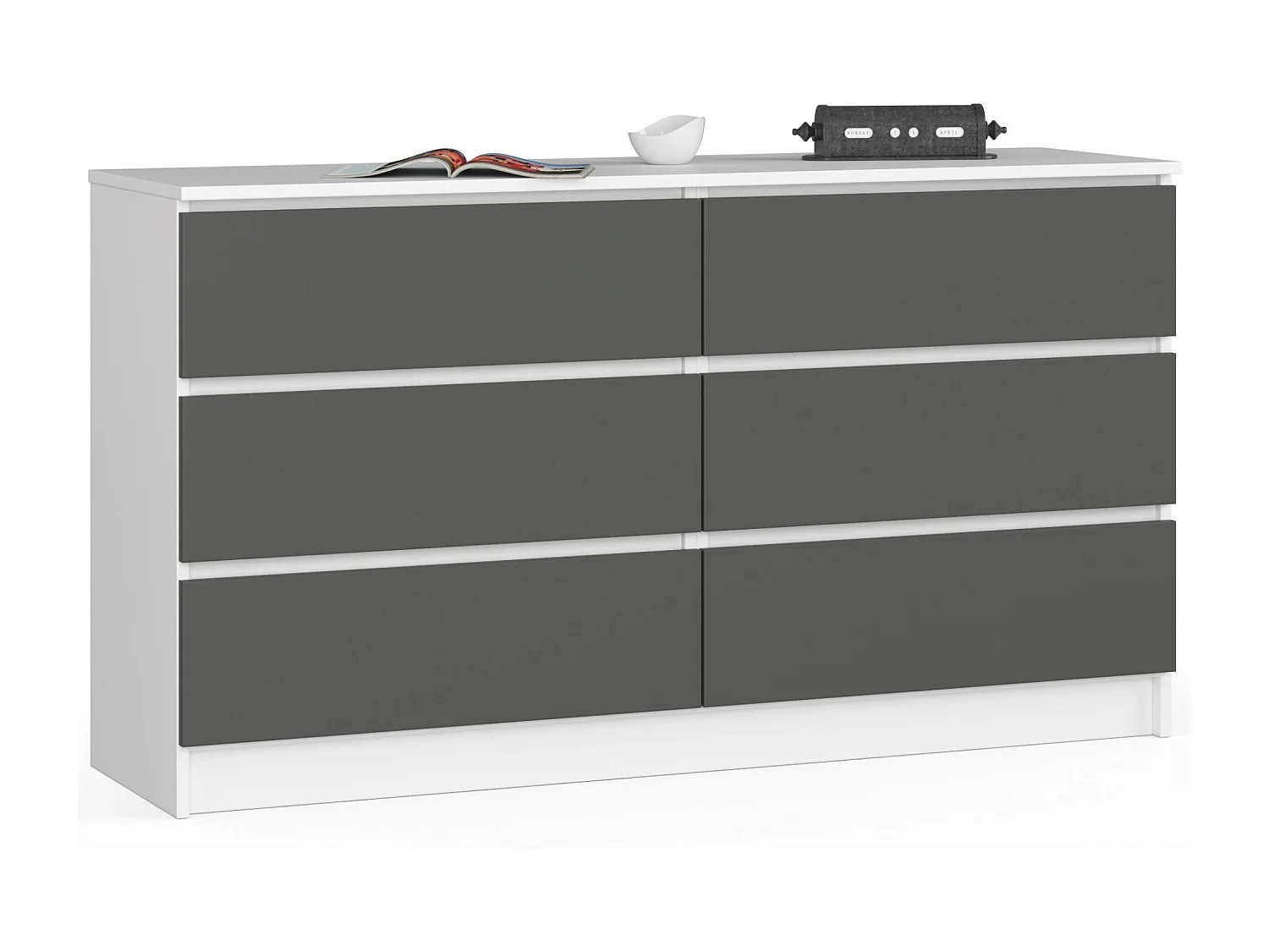 Commode AKORD K140 Blanche 138 cm 6 tiroirs façade Gris Graphite 138x40x77 cm