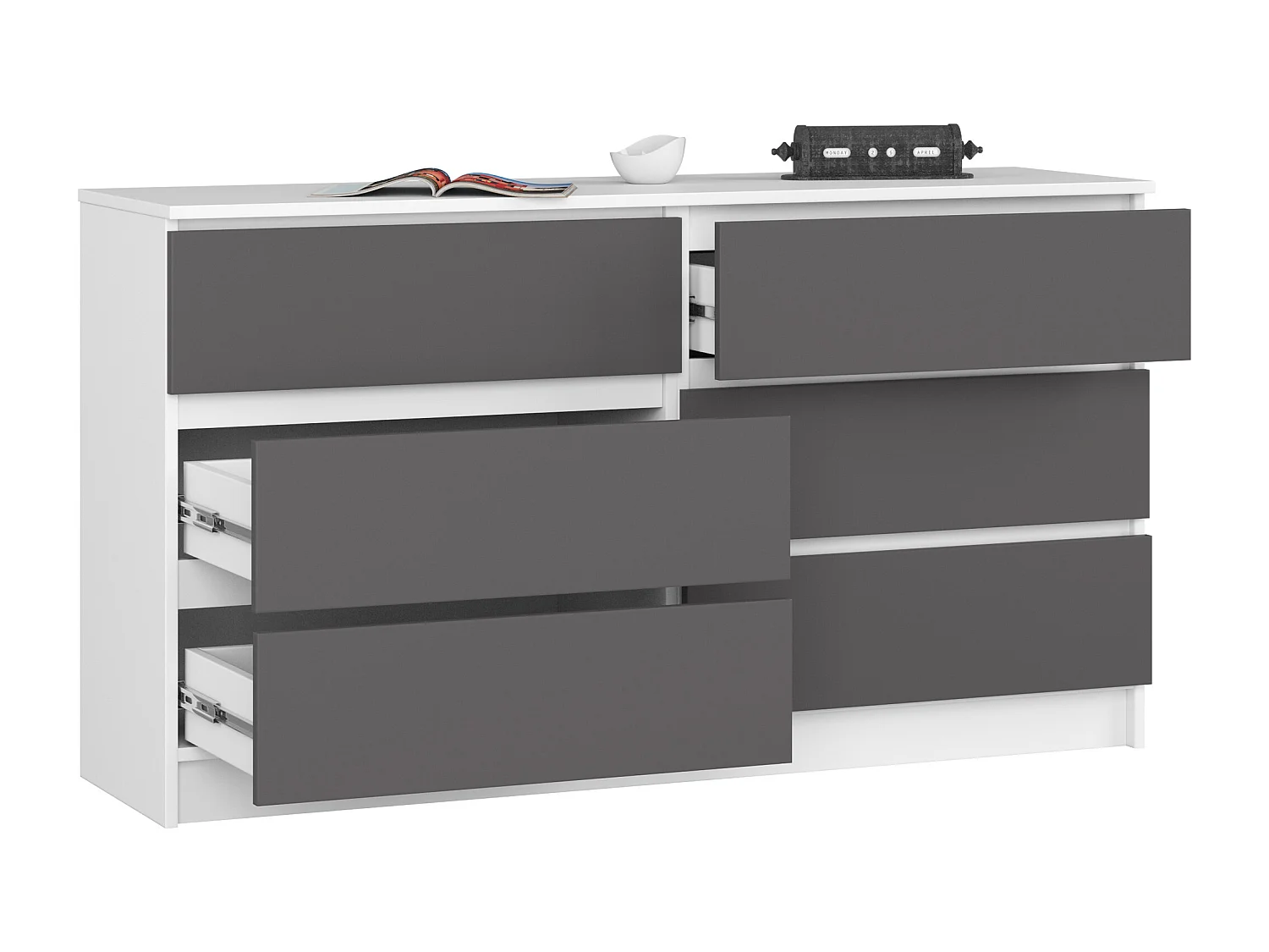 Commode AKORD K140 Blanche 138 cm 6 tiroirs façade Gris Graphite 138x40x77 cm