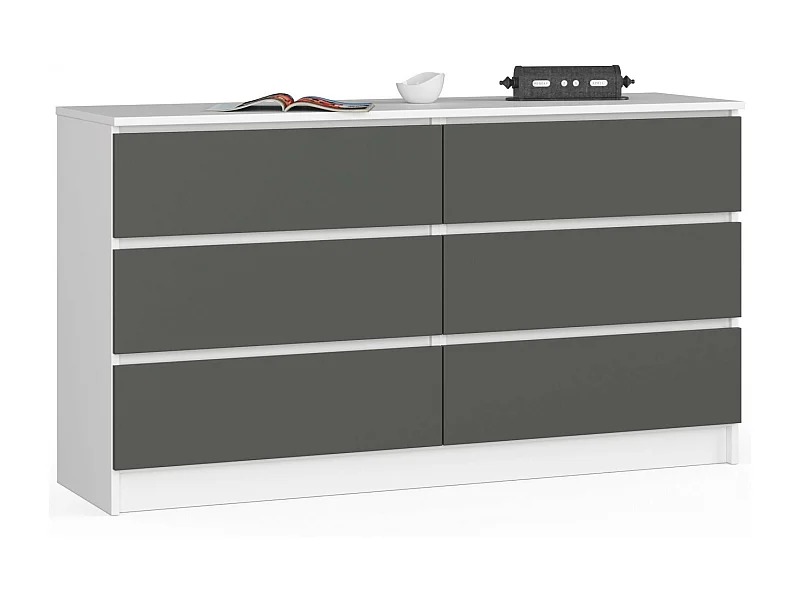 Commode AKORD K140 Blanche 138 cm 6 tiroirs façade Gris Graphite 138x40x77 cm
