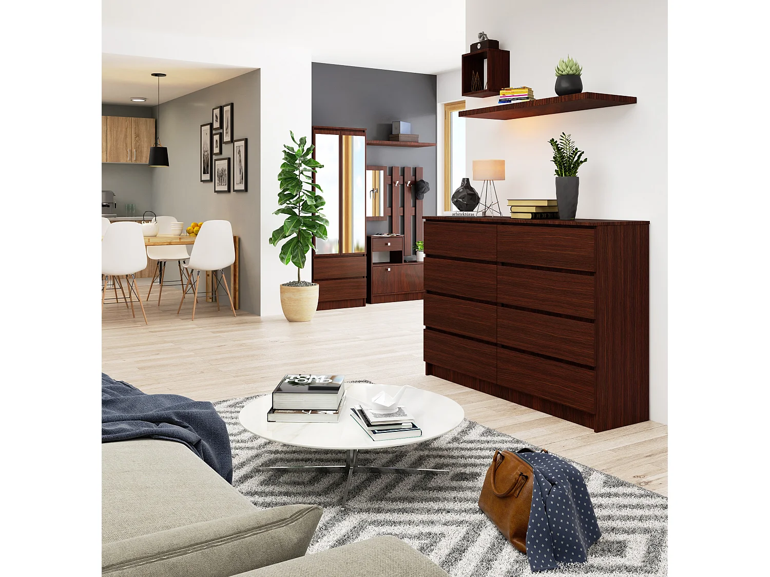 Commode AKORD K140 Wengé 138 cm 8 tiroirs façade Wengé 138x40x99 cm