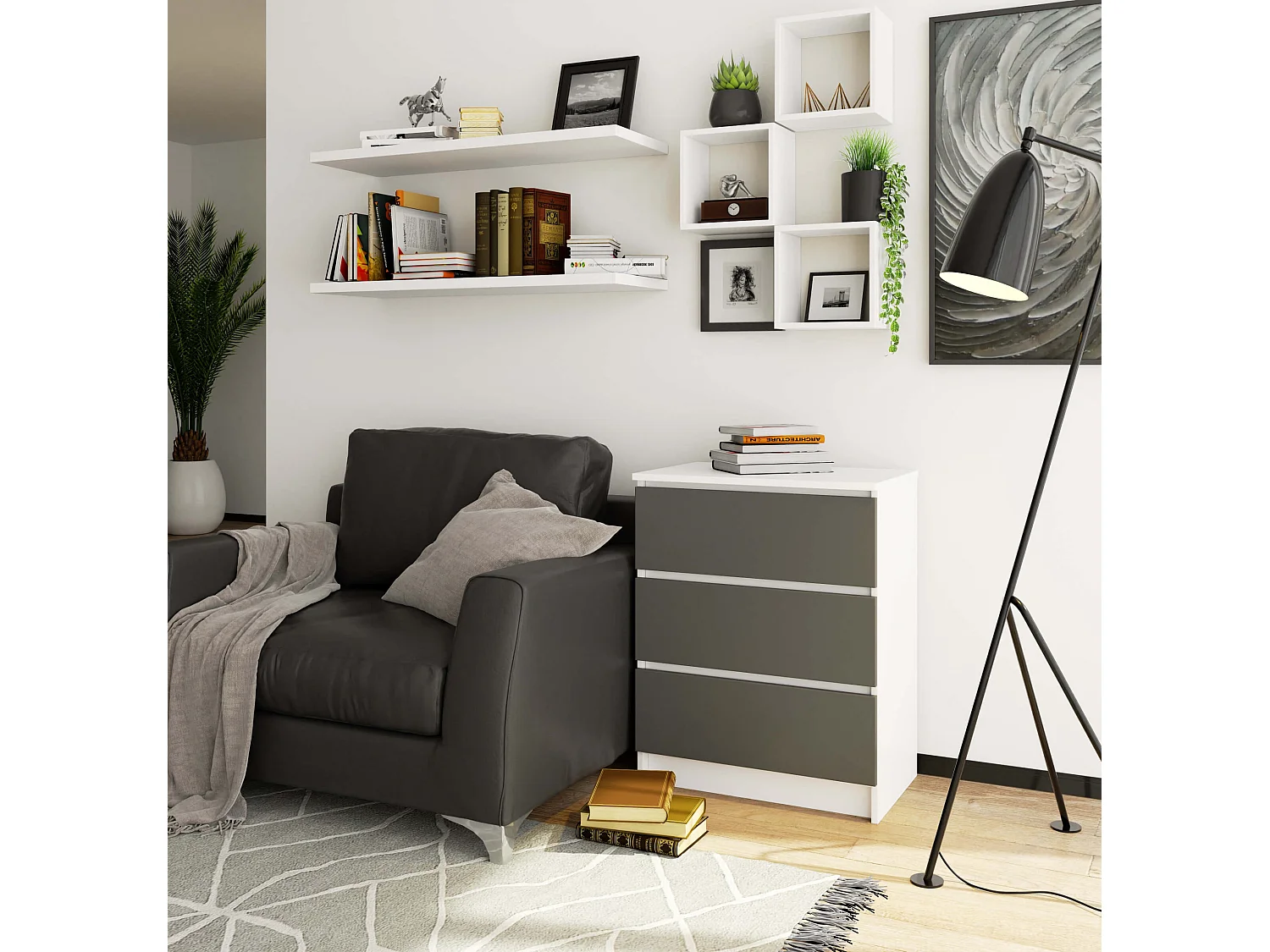 Kommode AKORD K60 Weiß 60 cm 3 Schubladen Front Graphitgrau B60 x H77 x T40 cm