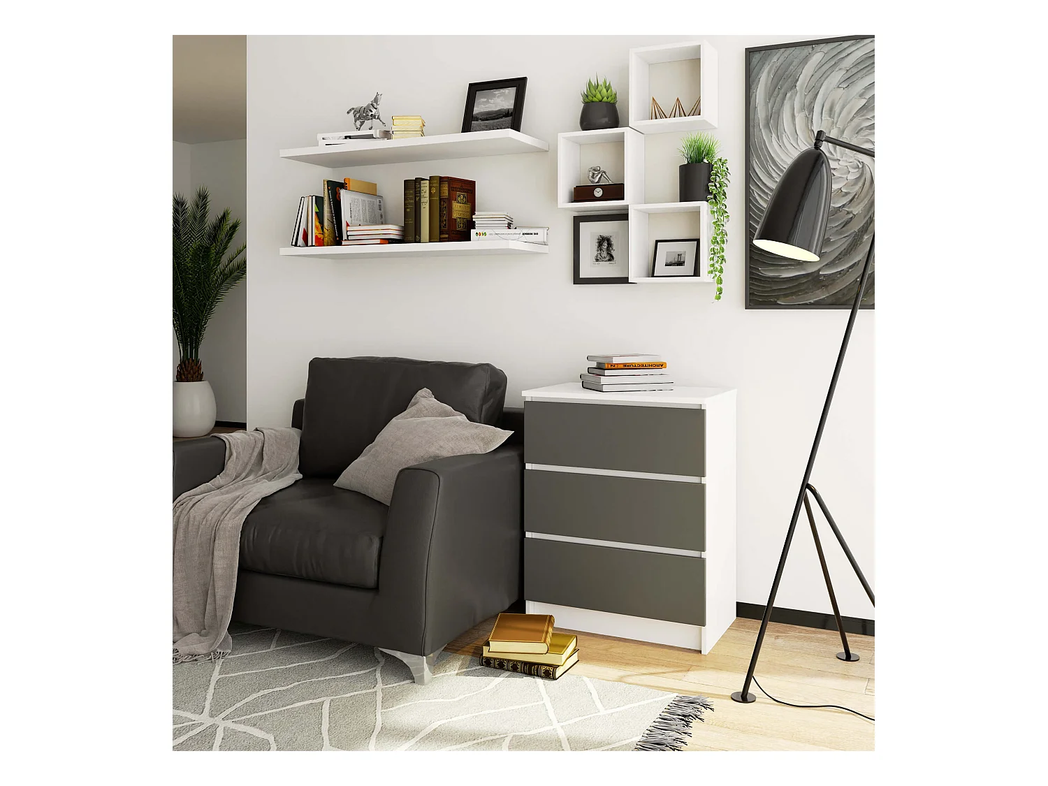 Kommode AKORD K60 Weiß 60 cm 3 Schubladen Front Graphitgrau B60 x H77 x T40 cm