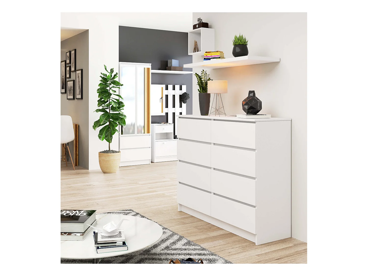 Binnendeur Dressoir 120 cm met 8 Lades Mat Wit - Staand Meubel, ABS Randafwerking, Zelfmontage