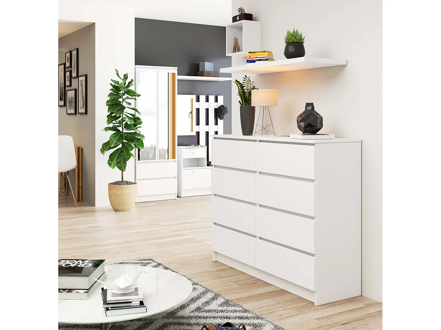 Cómoda AKORD K120 Blanco 120 cm 8 cajones frente en color Blanco 120x40x99 cm