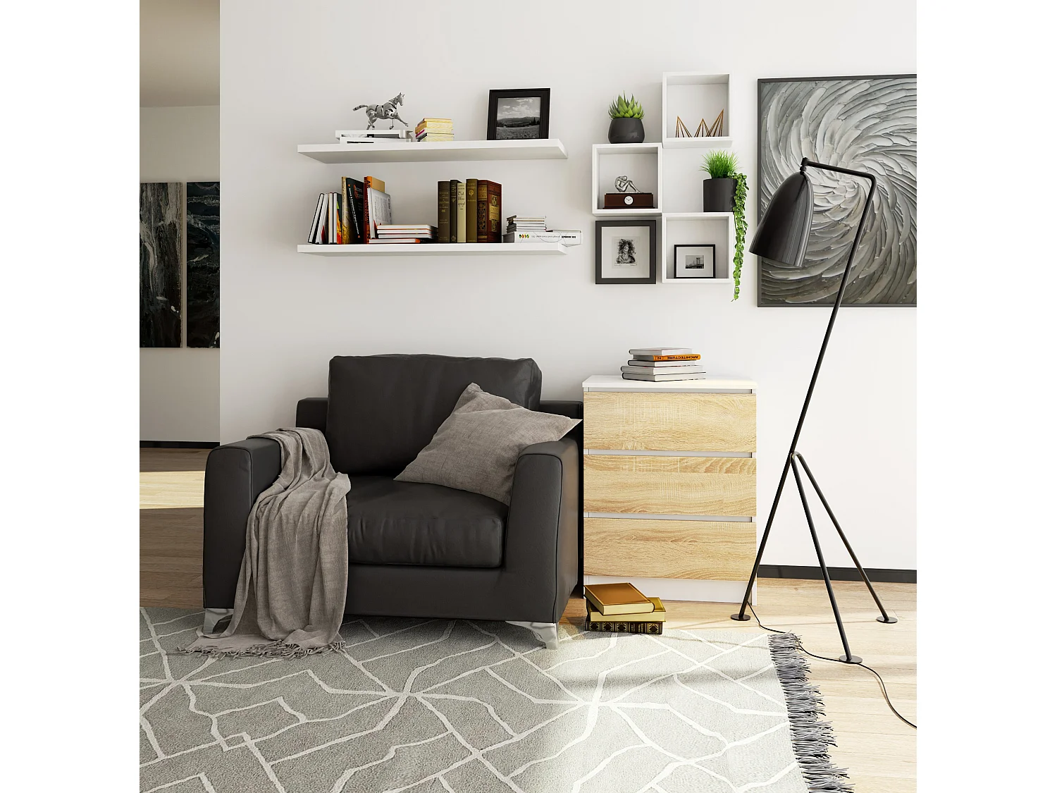 Commode AKORD K60 Blanche 60 cm 3 tiroirs façade Chêne Sonoma 60x40x77 cm