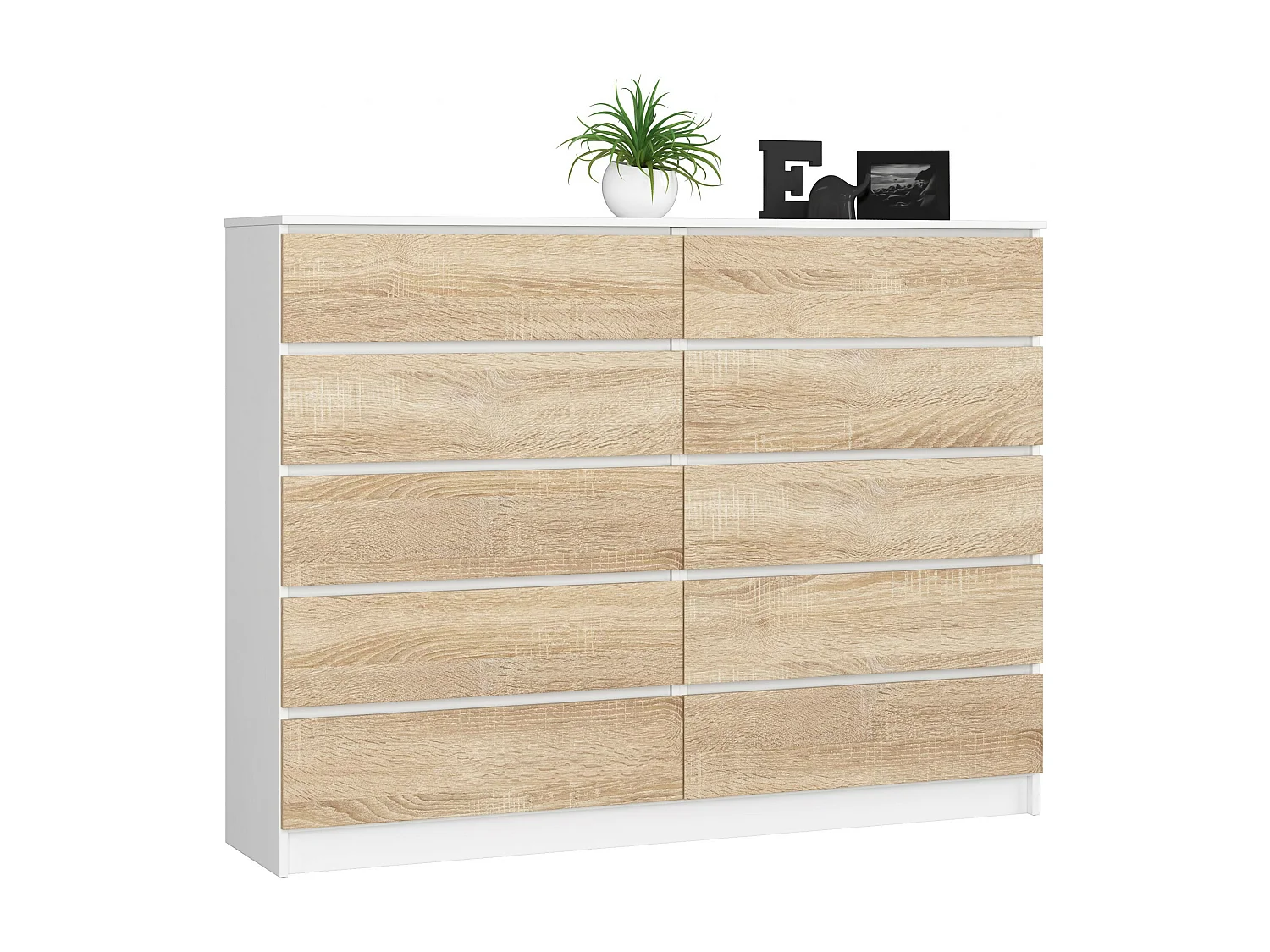 Grande Commode pour le salon AKORD K160 Blanche 160 cm 10 tiroirs façade Chêne Sonoma 160x40x121 cm