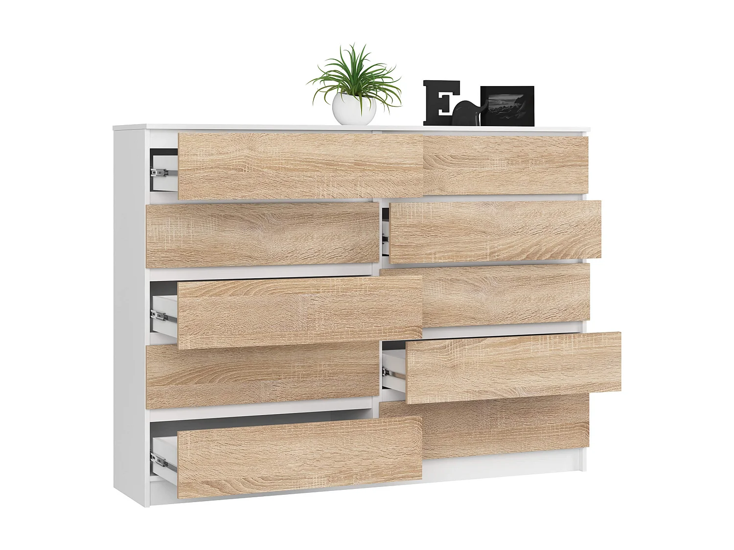 Grande Commode pour le salon AKORD K160 Blanche 160 cm 10 tiroirs façade Chêne Sonoma 160x40x121 cm