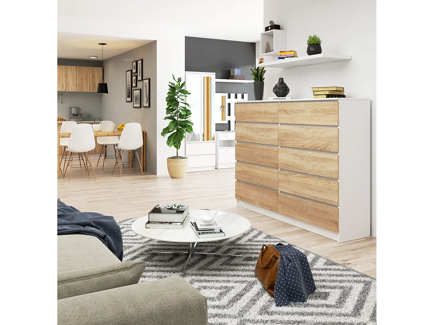 Grande Commode pour le salon AKORD K160 Blanche 160 cm 10 tiroirs façade Chêne Sonoma 160x40x121 cm