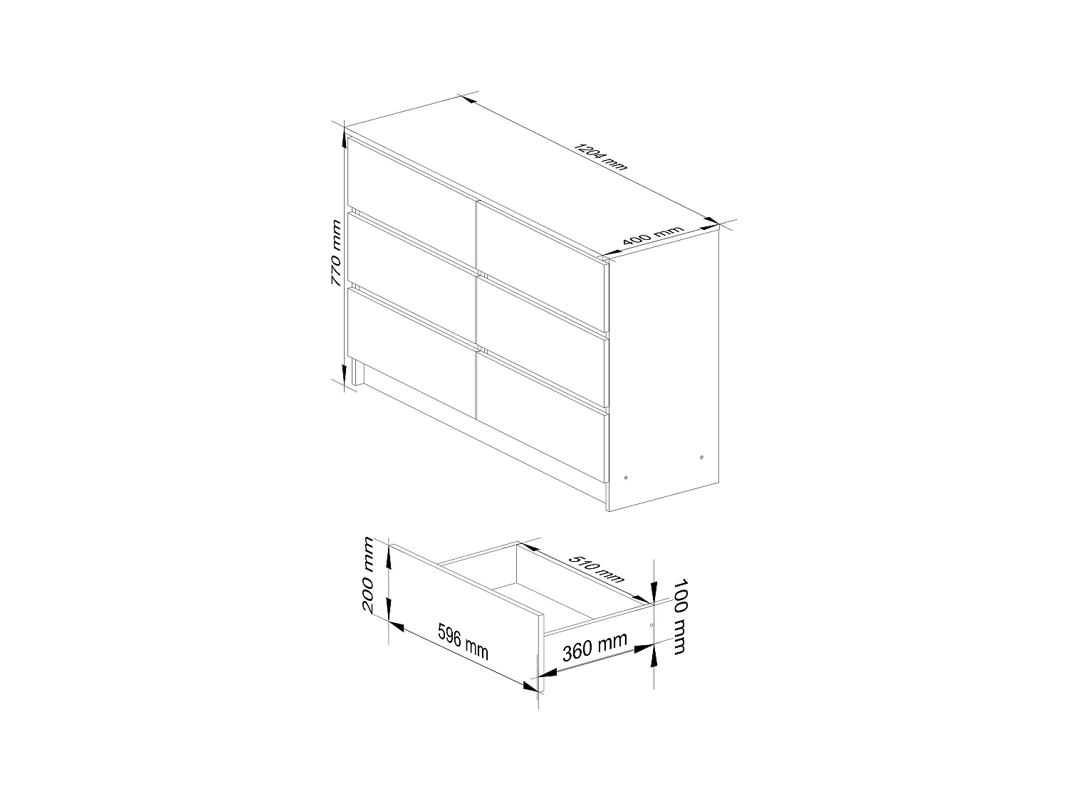 Kommode AKORD K120 Weiß 120 cm 6 Schubladen B120 x H77 x T40 cm
