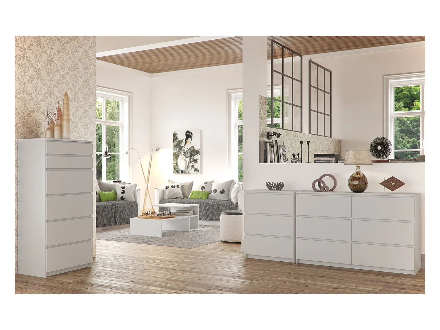 Kommode AKORD K120 Weiß 120 cm 6 Schubladen B120 x H77 x T40 cm