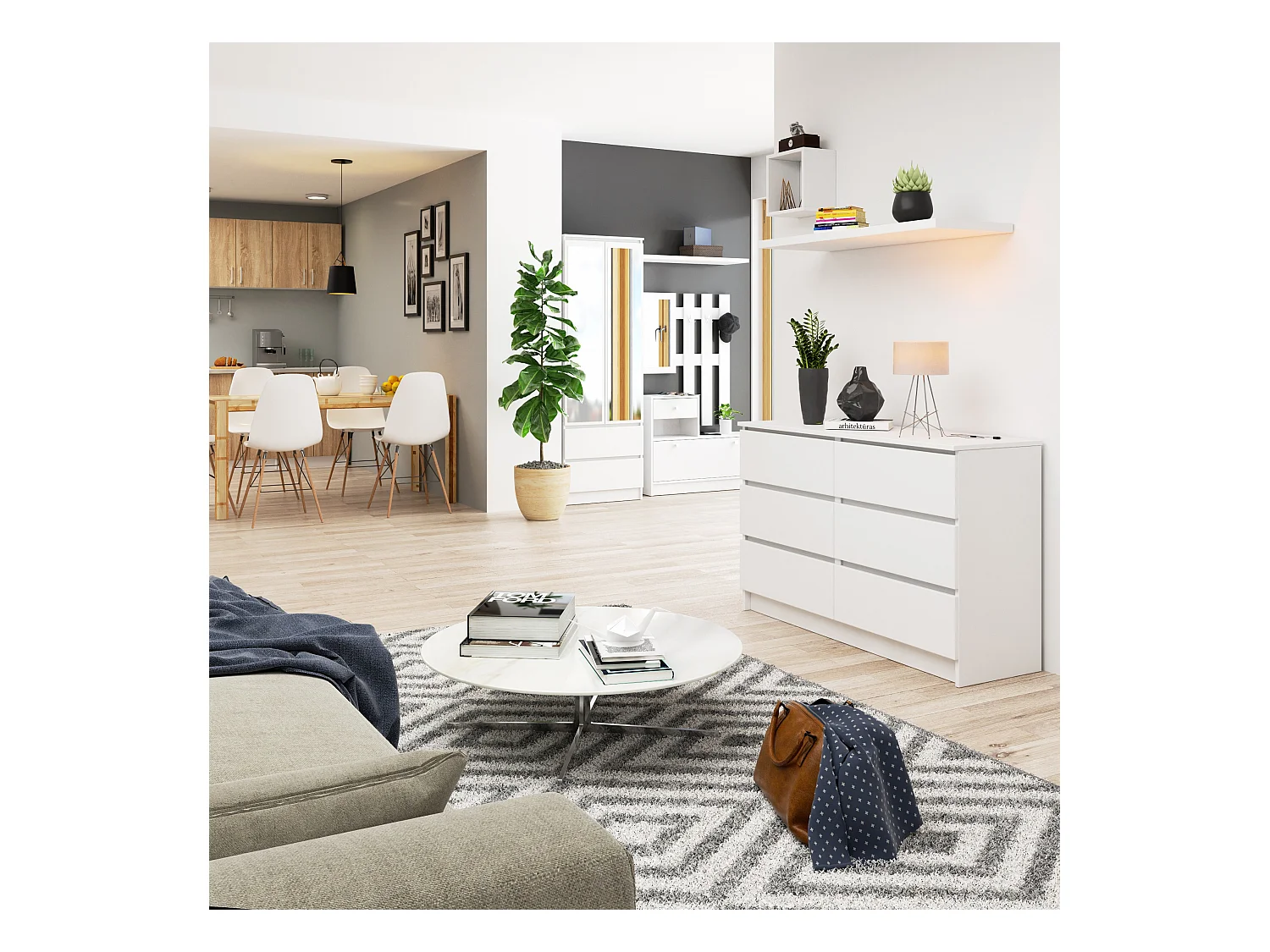 Kommode AKORD K120 Weiß 120 cm 6 Schubladen B120 x H77 x T40 cm