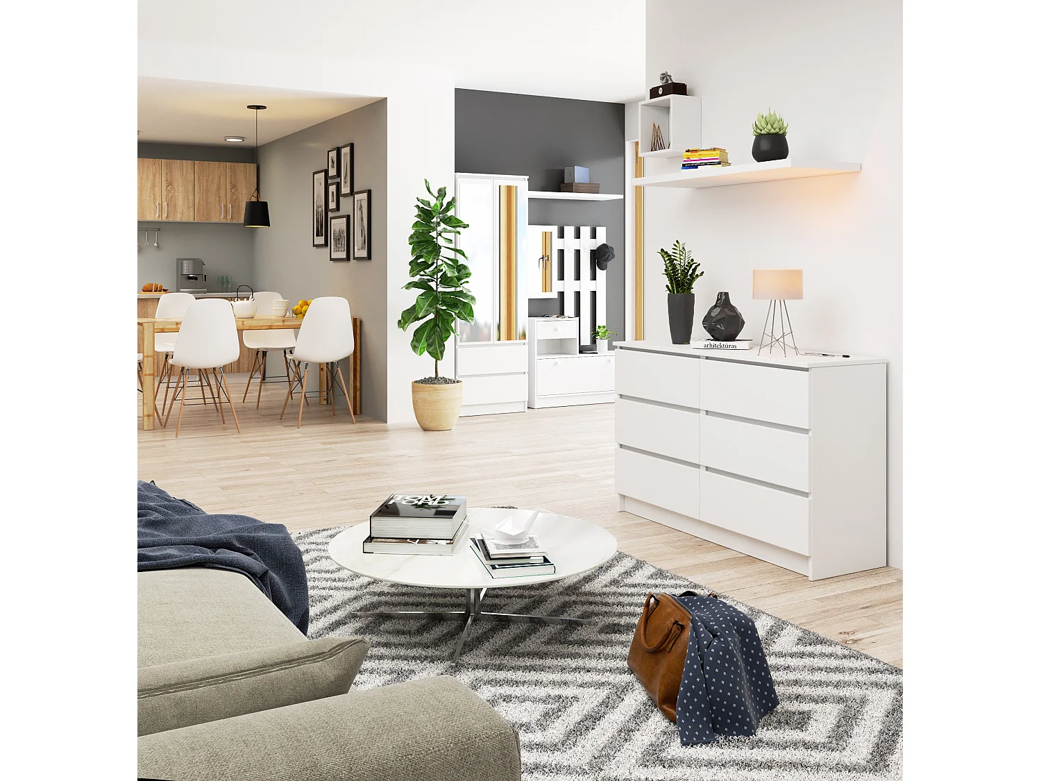 Cómoda AKORD K120 Blanco 120 cm 6 cajones frente en color Blanco 120x40x77 cm