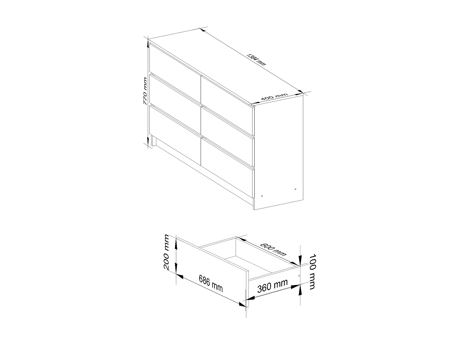 Kommode AKORD K140 Sonoma-Eiche 138 cm 6 Schubladen Front Weiß B138 x H77 x T40 cm