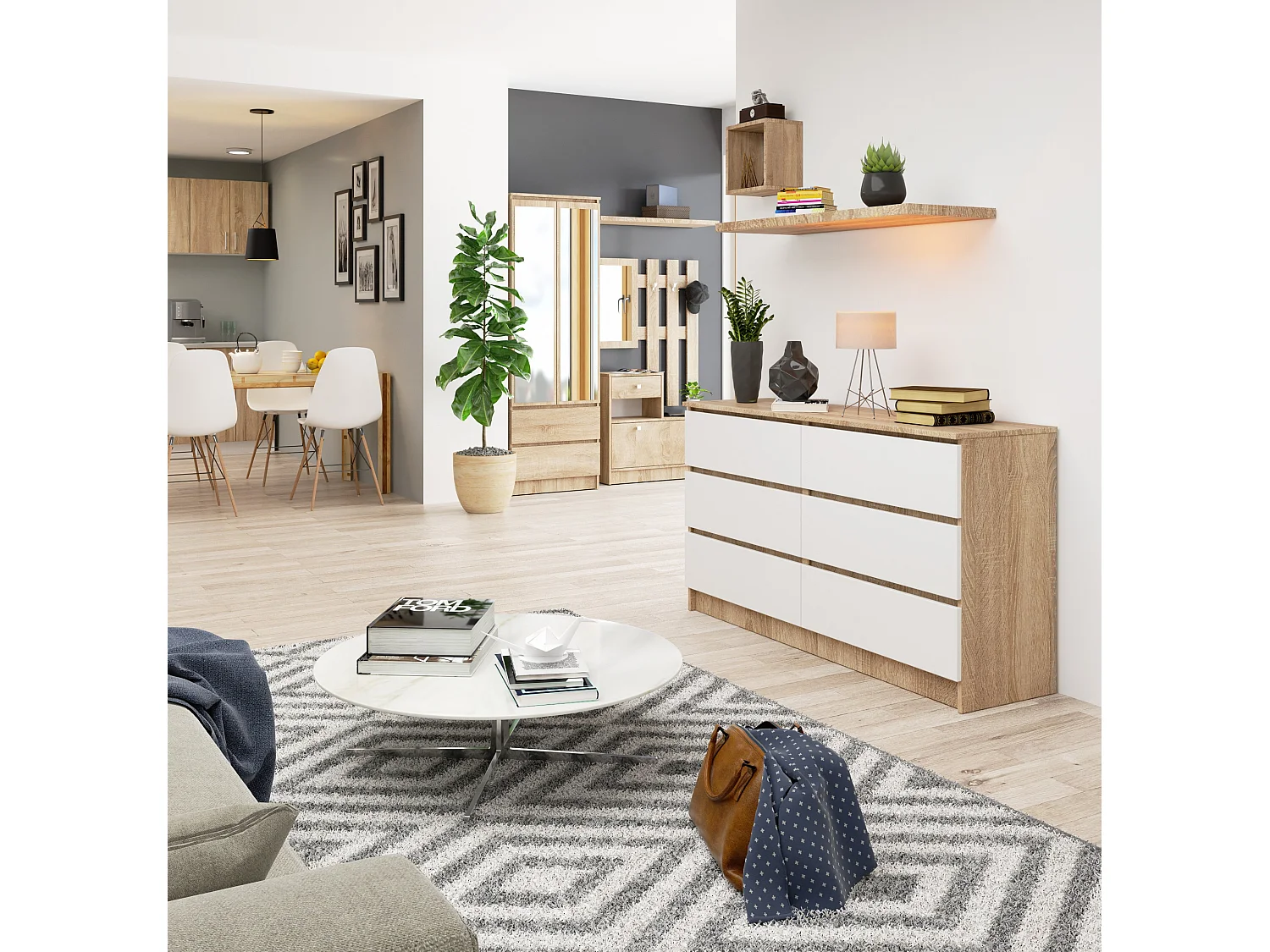 Kommode AKORD K140 Sonoma-Eiche 138 cm 6 Schubladen Front Weiß B138 x H77 x T40 cm