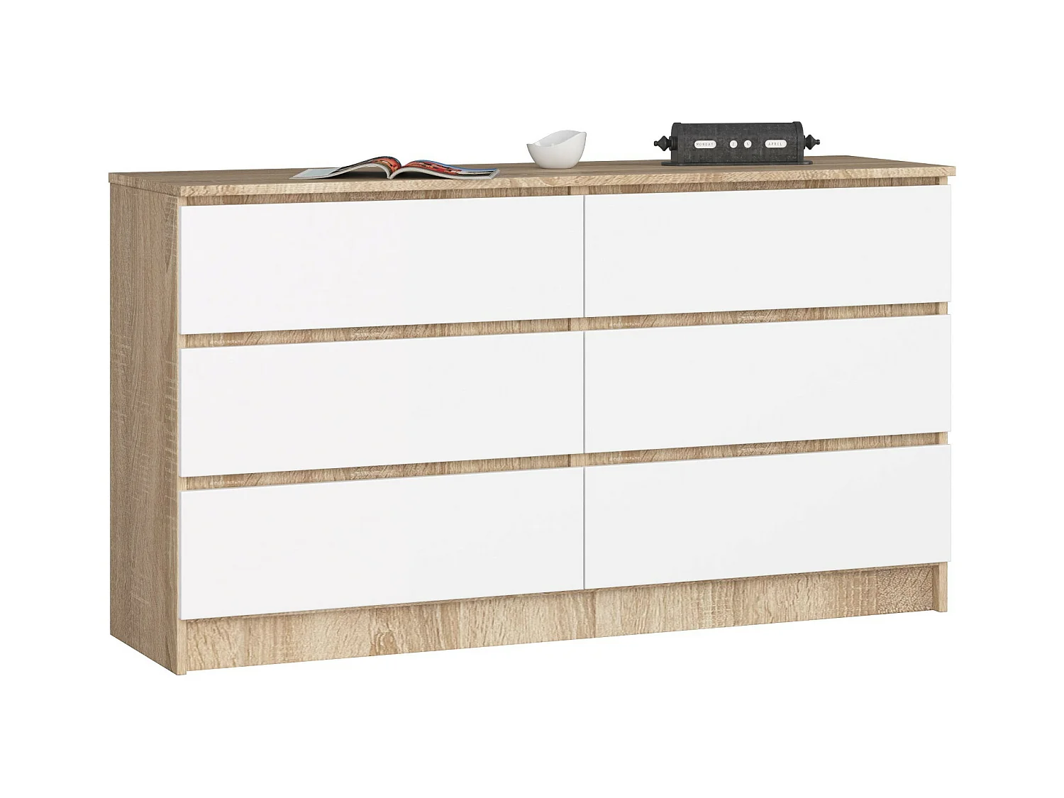 Commode AKORD K140 Chêne Sonoma 138 cm 6 tiroirs façade Blanche 138x40x77 cm