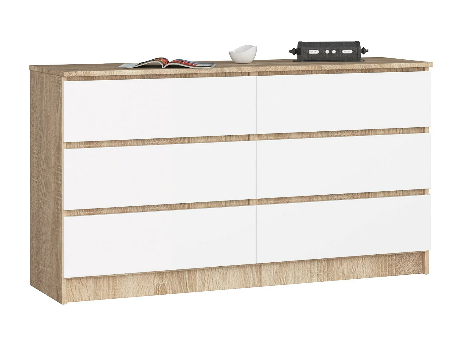 Commode AKORD K140 Chêne Sonoma 138 cm 6 tiroirs façade Blanche 138x40x77 cm