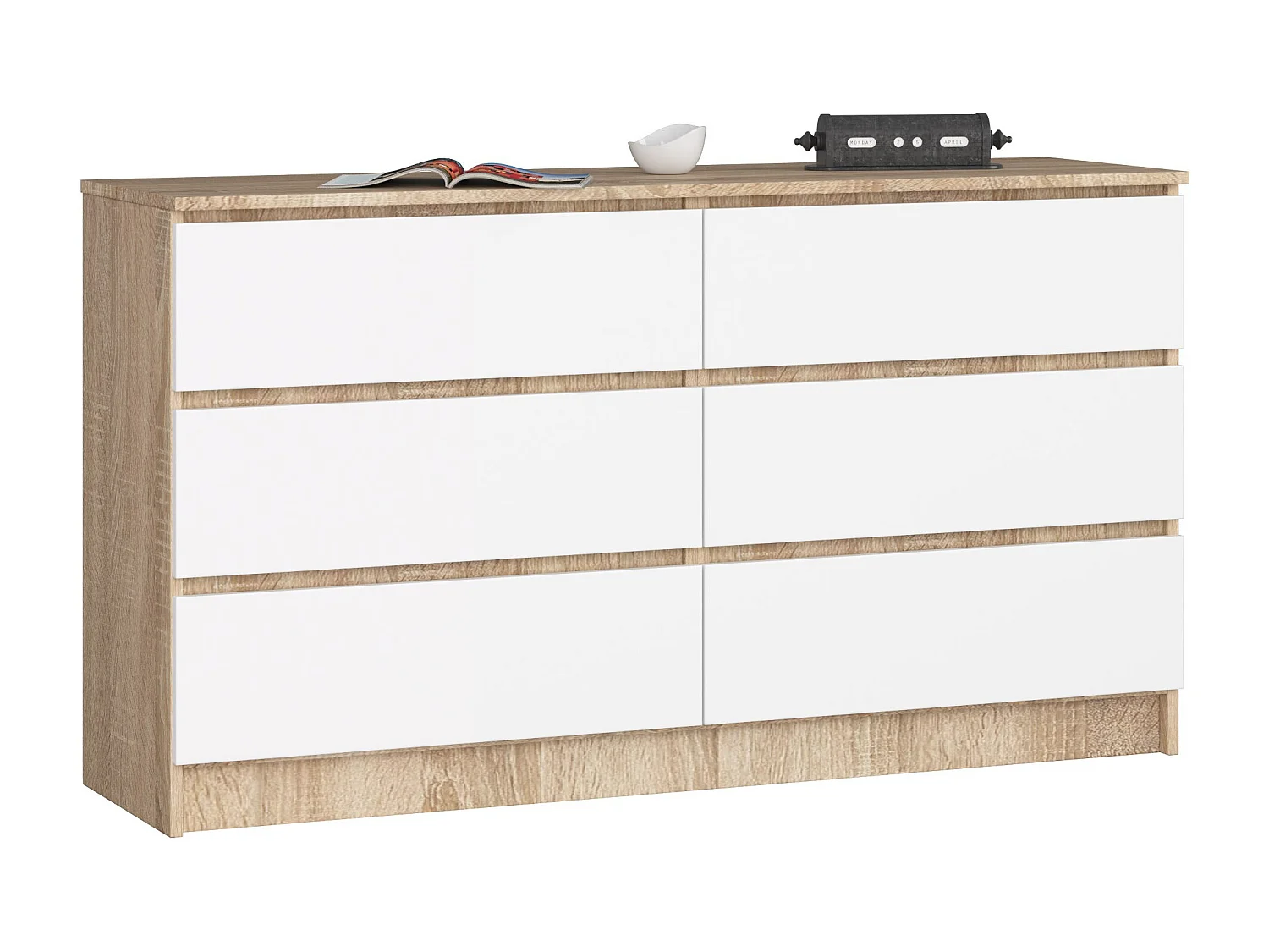 Commode AKORD K140 Chêne Sonoma 138 cm 6 tiroirs façade Blanche 138x40x77 cm