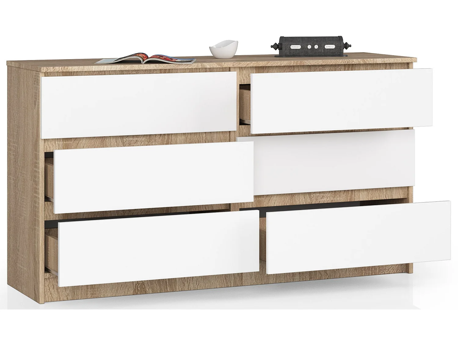 Commode AKORD K140 Chêne Sonoma 138 cm 6 tiroirs façade Blanche 138x40x77 cm