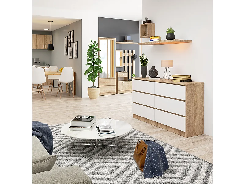 Ladekast K140 met 6 Lades / AKORD Furniture Factory / Sonoma Eik - Wit / 138 x 77 x 40 cm