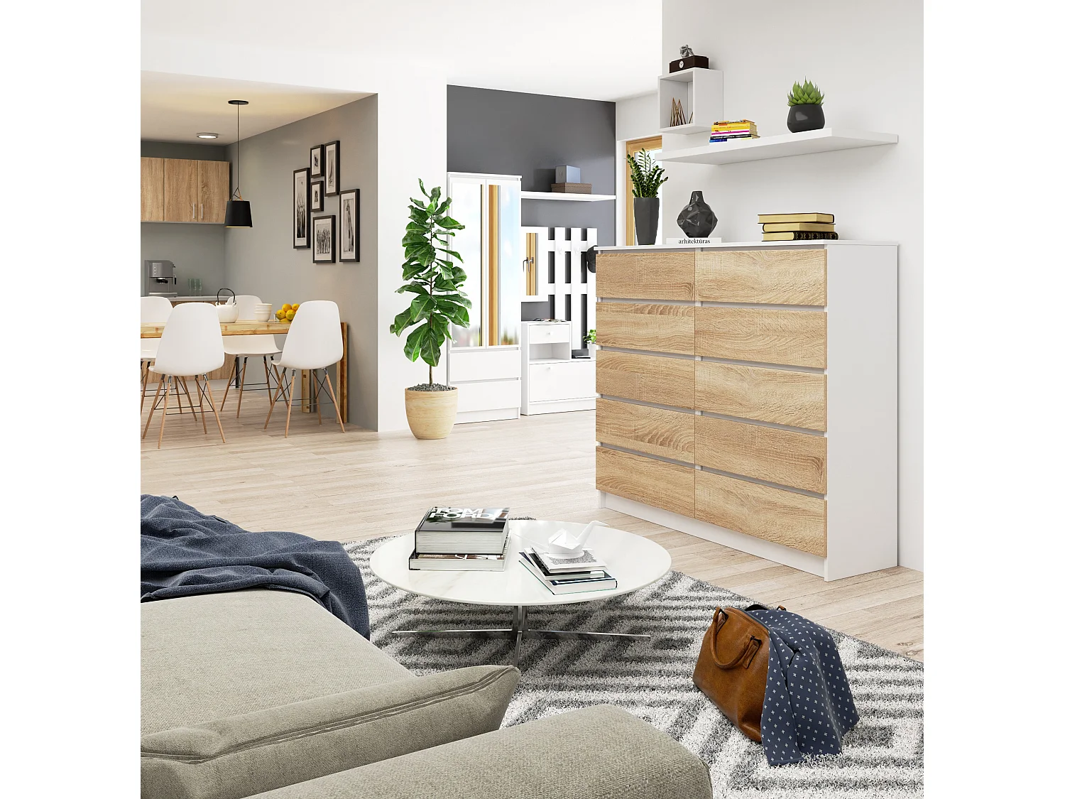 Kommode AKORD K140 Weiß 138 cm 10 Schubladen Front Sonoma-Eiche B138 x H121 x T40 cm