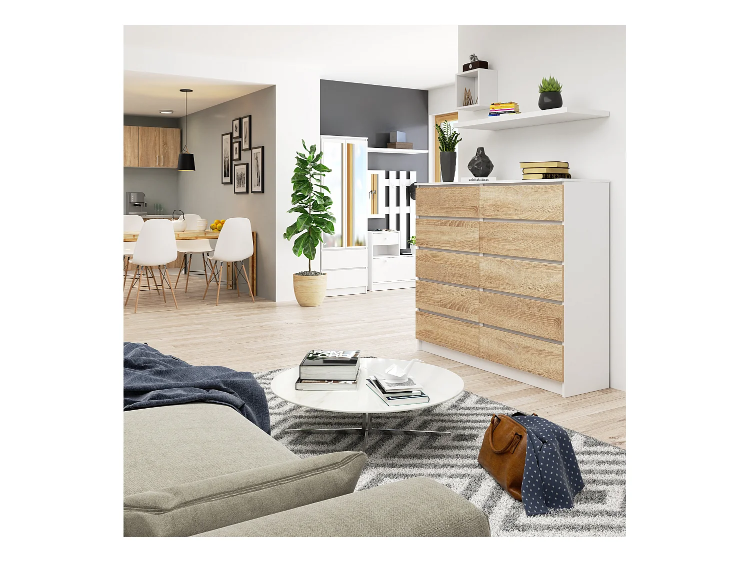 Kast K140 in Wit/Dub Sonoma met 10 Lades - Zelfmontage, Mat Afgewerkt