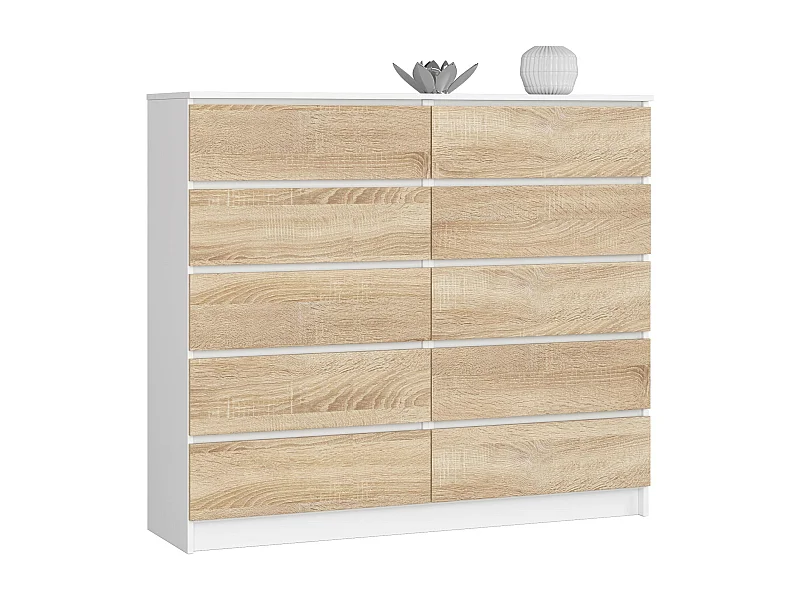 Komoda AKORD K140 Biała 138 cm 10 szuflad kolor Dąb Sonoma mat 138x40x121 cm