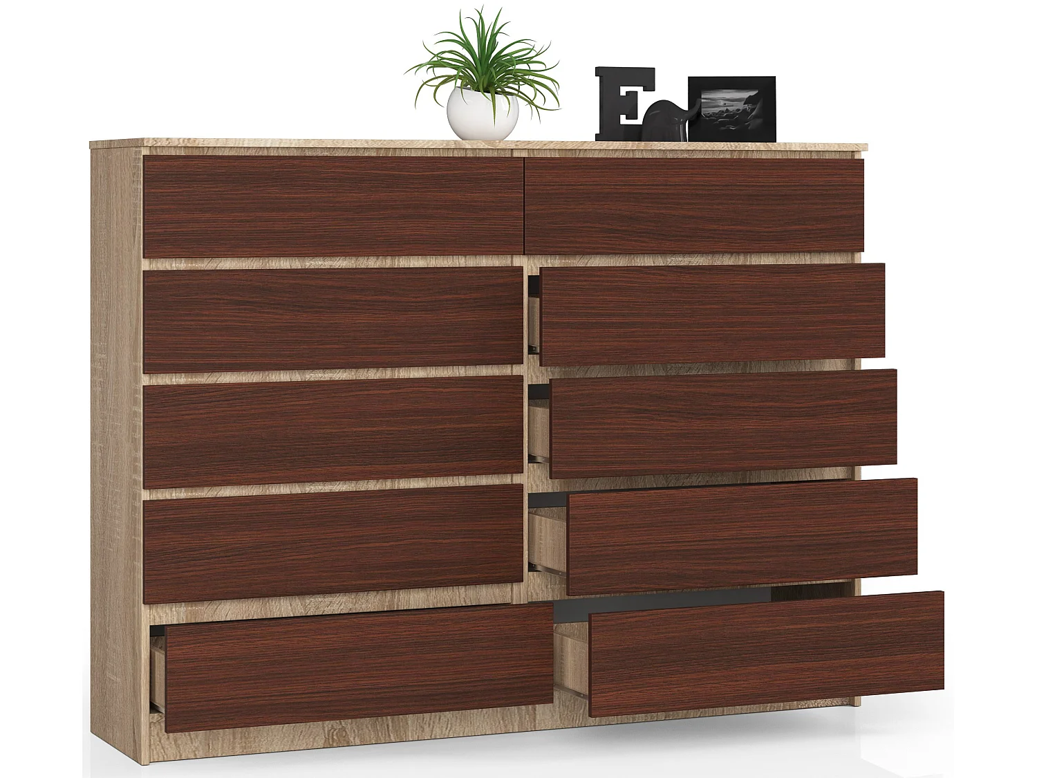 Grande Commode pour le salon AKORD K160 Chêne Sonoma 160 cm 10 tiroirs façade Wengé 160x40x121 cm