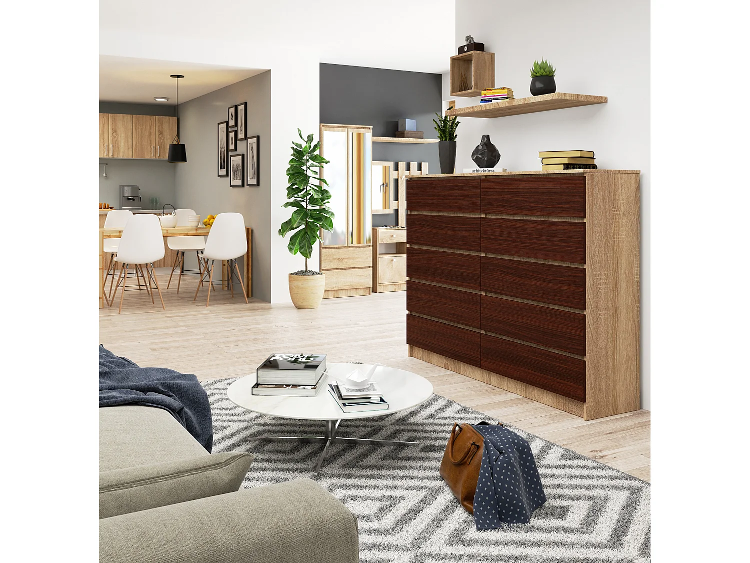 Grande Commode pour le salon AKORD K160 Chêne Sonoma 160 cm 10 tiroirs façade Wengé 160x40x121 cm