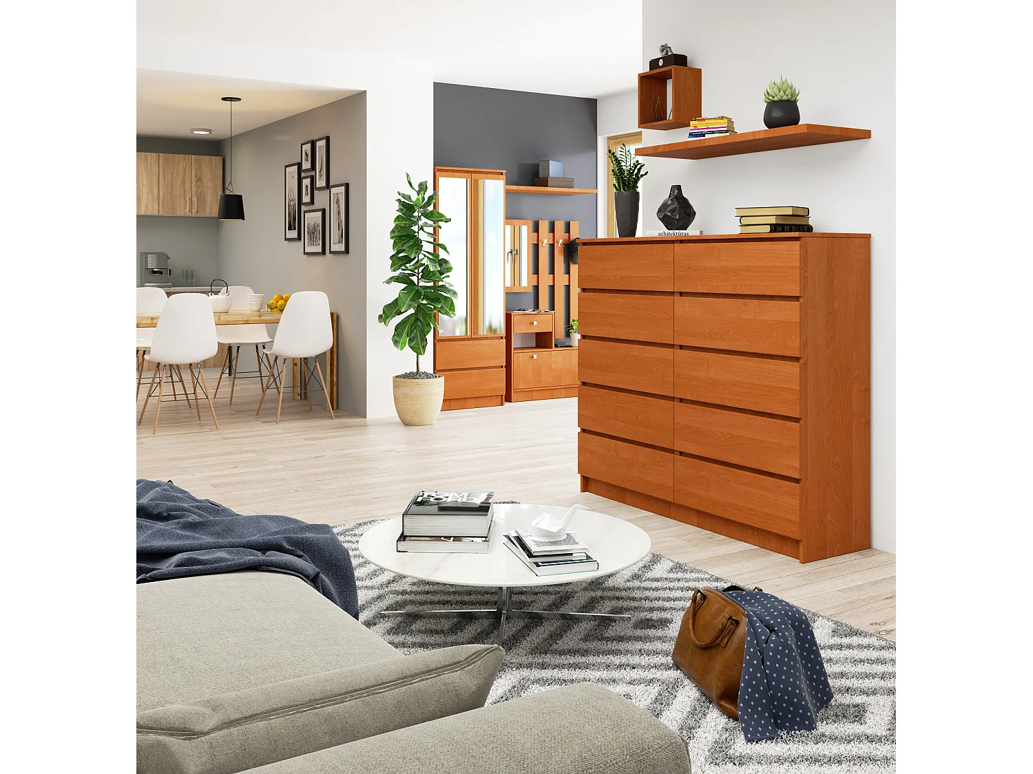 Cómoda AKORD K140 Aliso 138 cm 10 cajones frente en color Aliso 138x40x121 cm