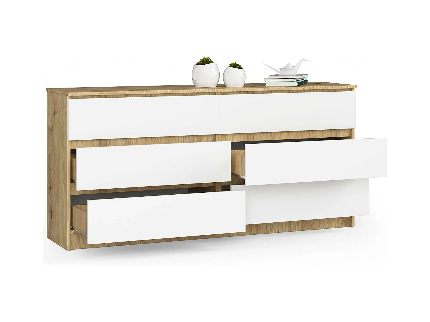 Kommode AKORD K160 Eiche Artisan 160 cm 6 Schubladen Front Weiß B160 x H77 x T40 cm