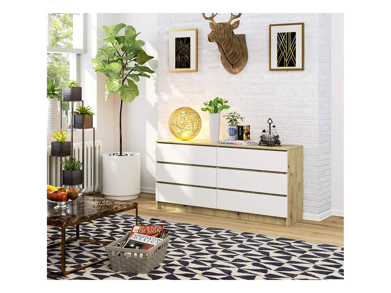 Kommode AKORD K160 Eiche Artisan 160 cm 6 Schubladen Front Weiß B160 x H77 x T40 cm