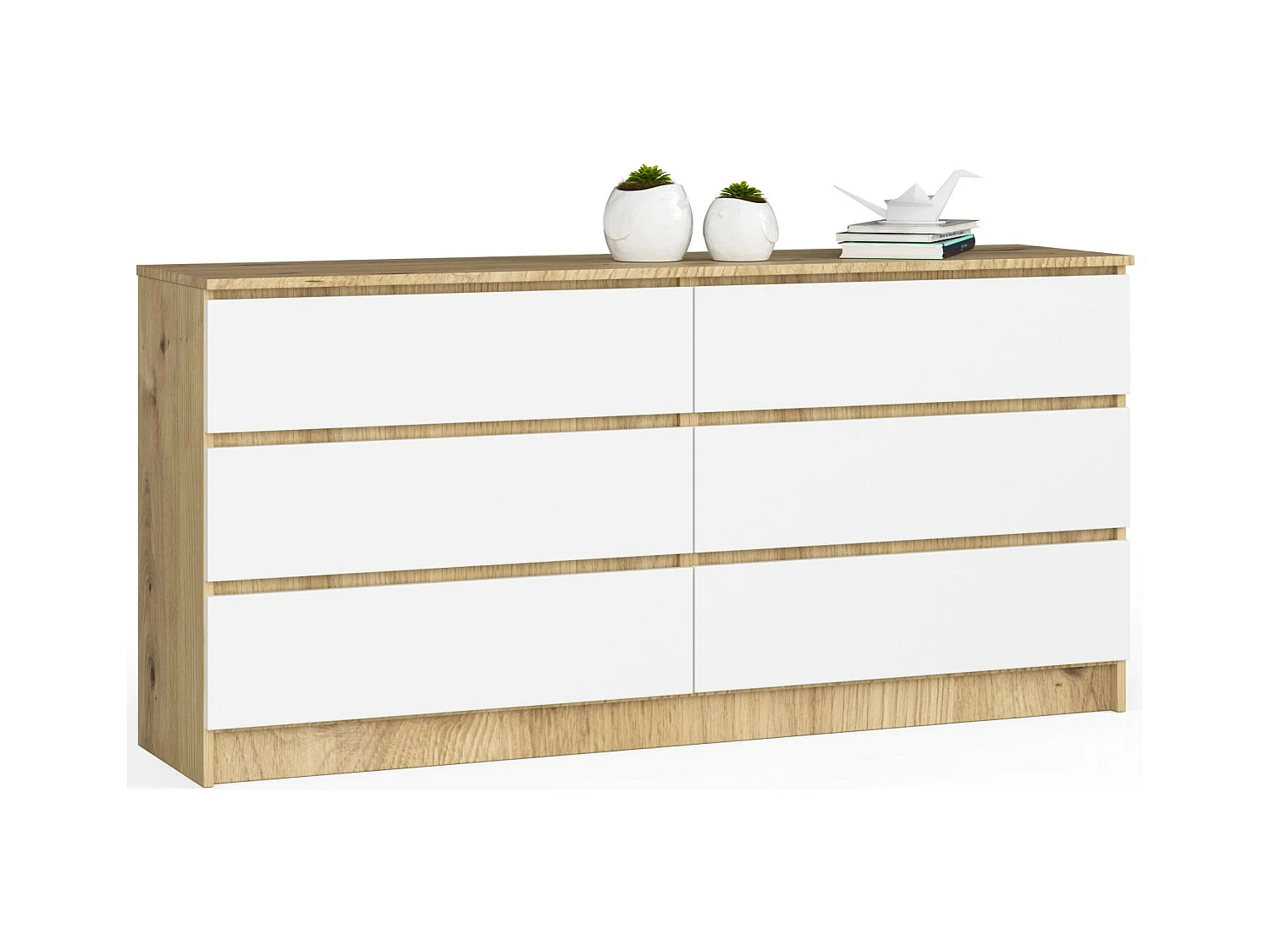 Grande Commode pour le salon AKORD K160 Chêne Artisan 160 cm 6 tiroirs façade Blanche 160x40x77 cm