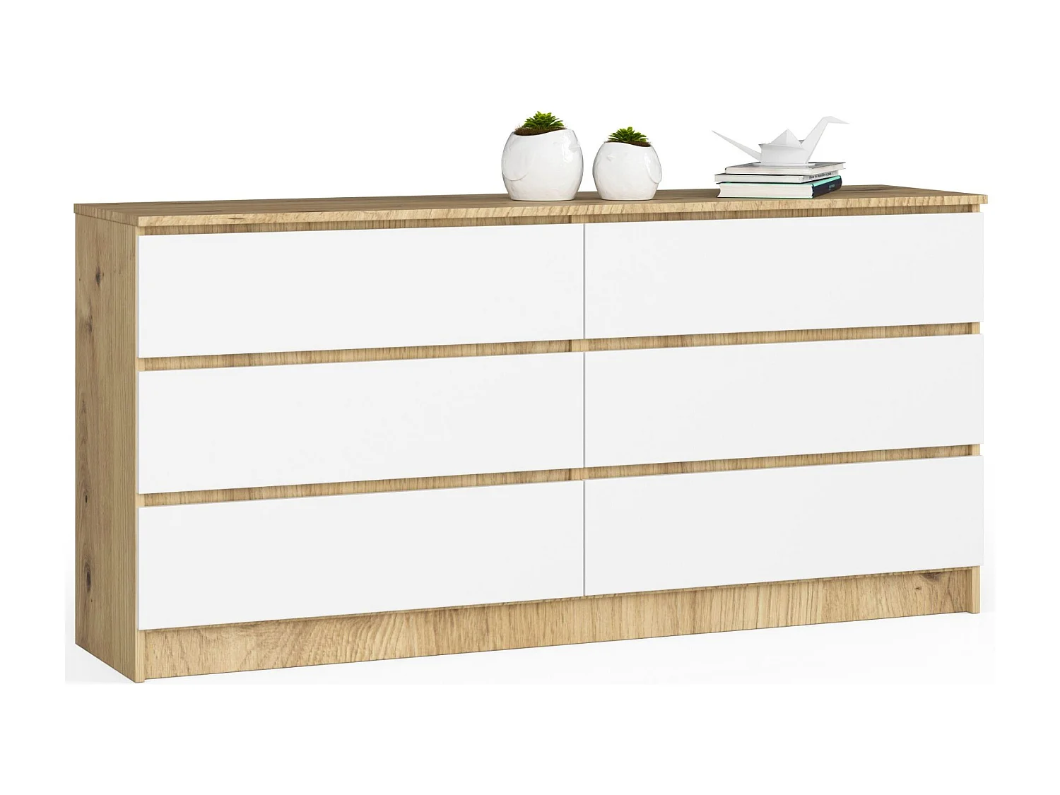 Grande Commode pour le salon AKORD K160 Chêne Artisan 160 cm 6 tiroirs façade Blanche 160x40x77 cm